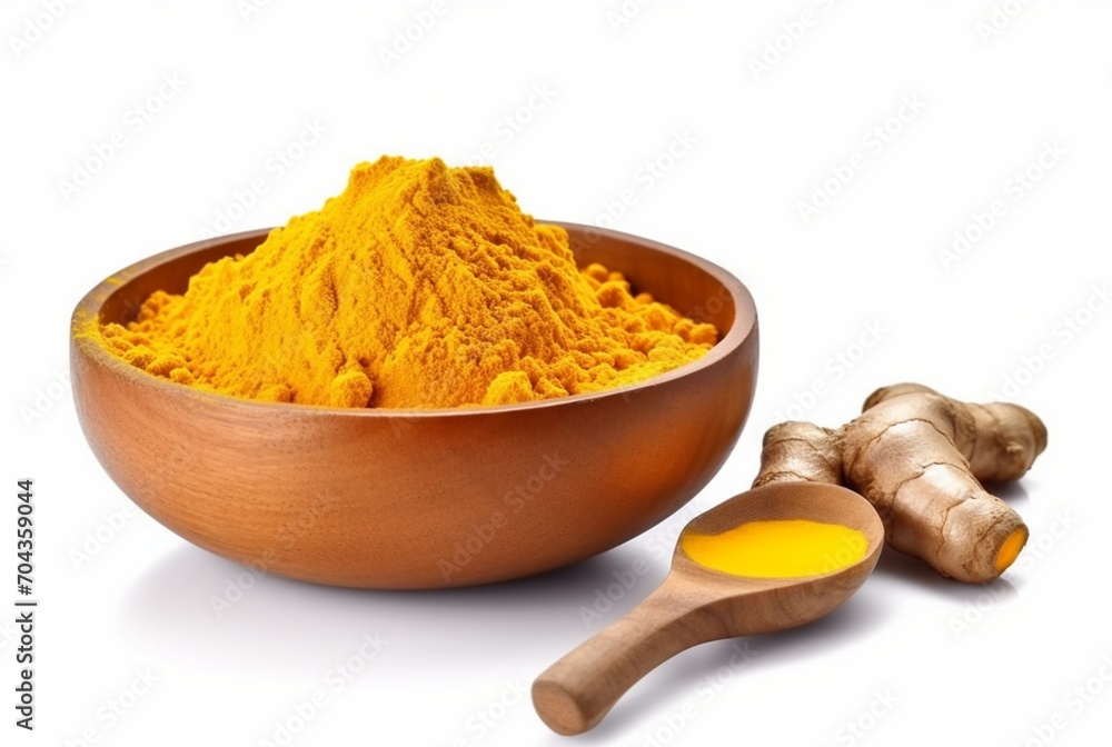 fine dry turmeric powder in wooden bowl isolated on white background. generative ai fine dry turmeric powder in wooden bowl isolated on white background. generative ai