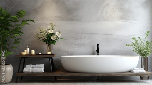 Bathroom interior with freestanding bathtub and plants