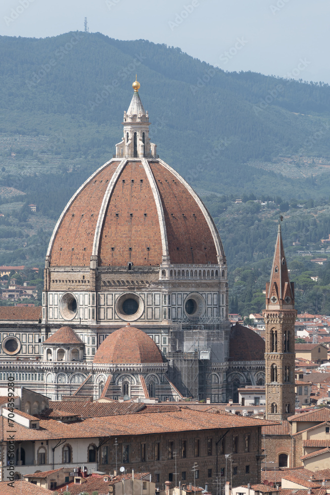 Florence, Italy, July 25, 2023. Aerial view of the city with Santa Maria del Fiore Cathedral