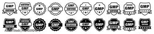 GMP set of round badges. Certified industrial stickers for products with Good Manufacturing Practice tag