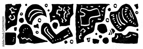 Various quirky vector tribal linocut texture. Black and white hand-drawn quirky print pattern. Primitive motif doodle hand drawn texture. Vintage linocut pattern. Abstract ethnic quirky tribal print