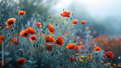 Red poppies on a meadow in the morning mist. Generative AI © Alex