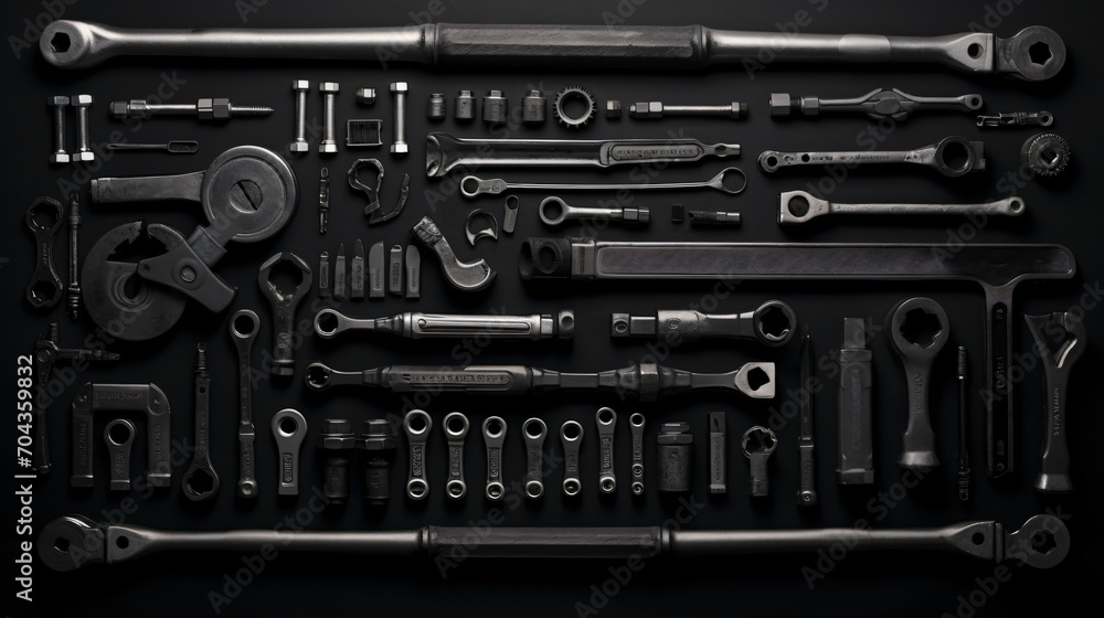 Top view of monochrome construction tools