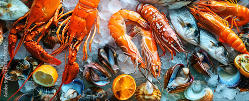 Shrimp, mussels, and, fish, on ice, Generated Ai