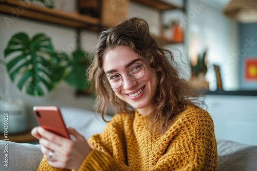 Smiling young pretty woman sitting at home using apps on cell phone technology, happy lady holding smartphone in hands, looking at camera, relaxing with cellphone in hands check phone, Generative AI