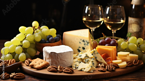 Traditional cheese platter with nuts grapes