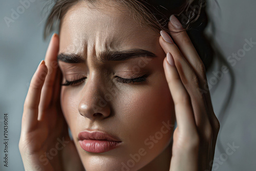sick woman with pain, headache, migraine, stress, insomnia, hangover photo