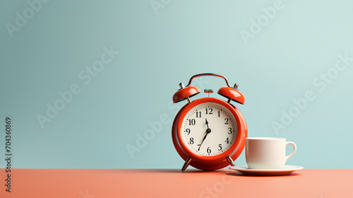 Vintage alarm clock with ceramic coffee cup photo