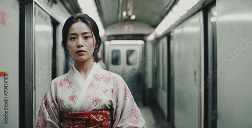 giovane donna asiatica in elegante abito tradizionale in piedi in un vagone di treno, metropolitana senza persone photo