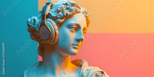 Statue of Apollo with headphones on a pink background, generative ai photo