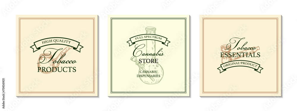 Set of tobacco shop vintage logo templates with hand drawn elements. Vector illustration in sketch style