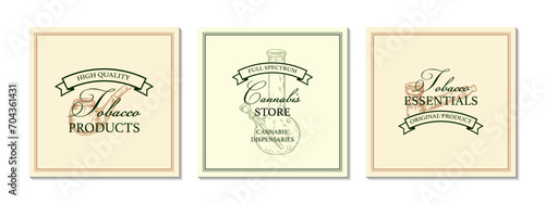 Set of tobacco shop vintage logo templates with hand drawn elements. Vector illustration in sketch style