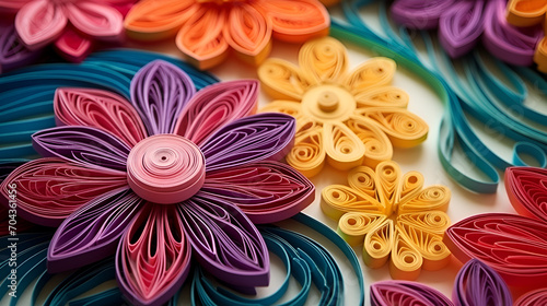 Floral curls and rolls from colored strips of paper, generative ai