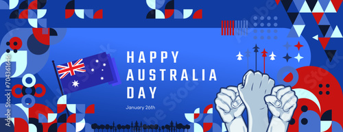 Happy Australia Day banner in modern geometric style with dominant color blue. National Holiday greeting card cover with typography. Vector illustration for celebration day and independence party.