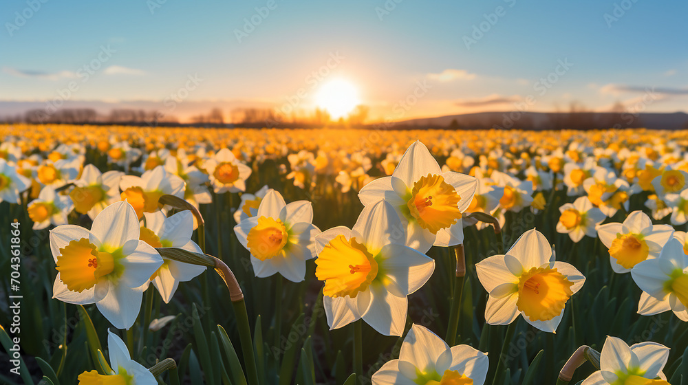 Daffodil flowers in the field on the sunset