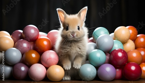 rabbit and eggs. easter bunny with easter eggs. easter bunny with eggs. easter bunny and eggs. yellow rabbit surrounded by colourful easter eggs in celebration of Easter. Spring time © Divid