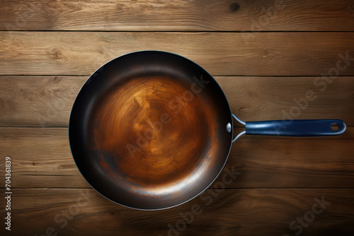 Vintage Wooden Kitchenware: Closeup View of Empty Cast Iron Skillet on Black Metal Table