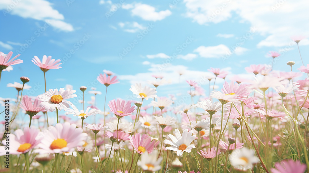 Meadow with lots of white and pink daisy flower in sunny day