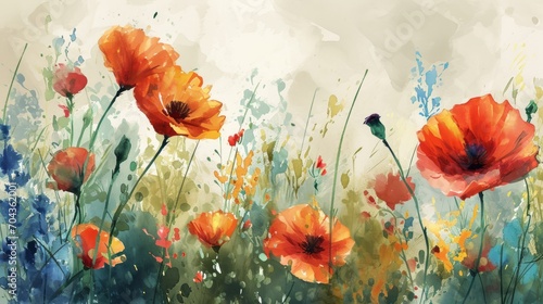Grunge floral background with poppies. illustration. Generative AI photo