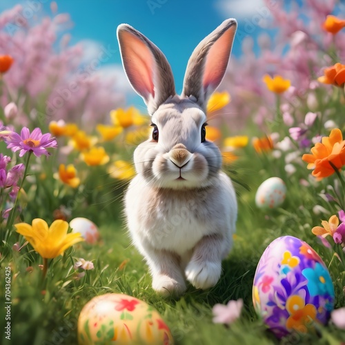 Adorable Bunny With Easter Eggs In Flowery Meadow © muhammad yaseen