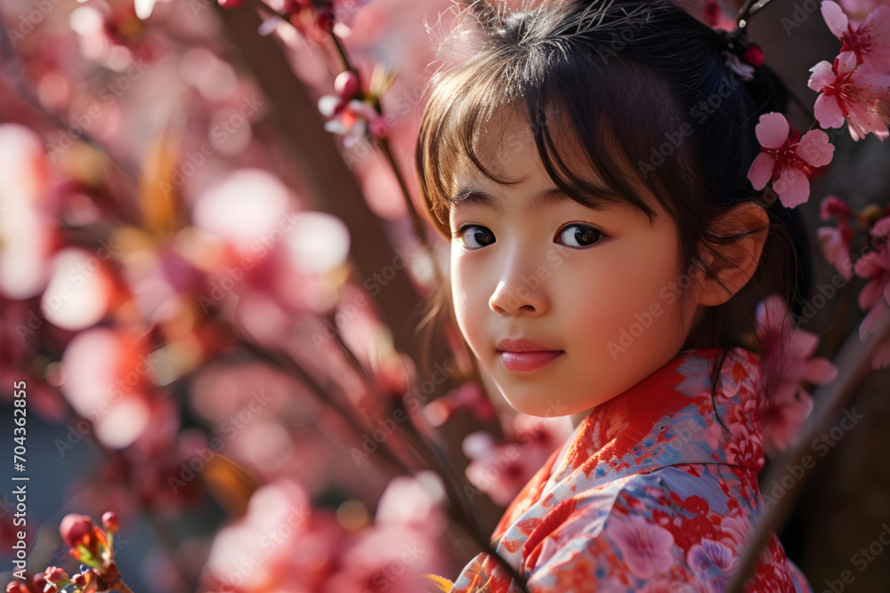 Young girl wearing kimono with sakura flower Young girl wearing kimono with sakura flower