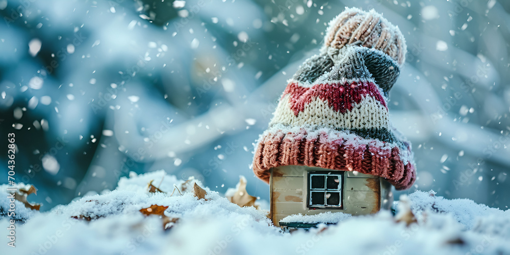 A wooden toy house in the snow in winter is covered with a hat and wrapped in a scarf the concept of keeping warm, generative ai - obrazy, fototapety, plakaty 