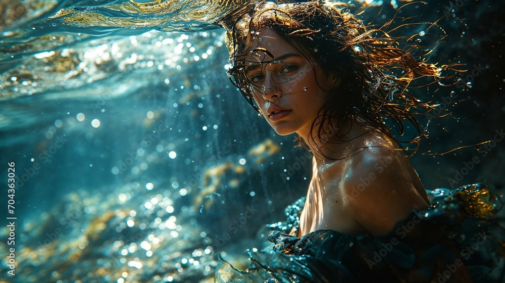 Obraz premium AI generated illustration of a beautiful woman in a dress underwater