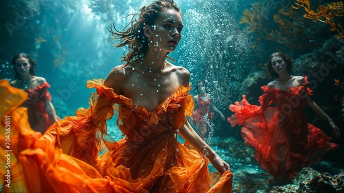 AI generated illustration of a beautiful woman in a dress underwater © Wirestock