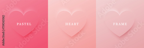 Set of abstract 3D heart, different color 3D heart shape frame design. Collection of geometric backdrop for cosmetic product display. Top view. Vector illustration