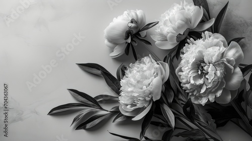 Black and white peony flowers on white marble background. Monochrome floral composition. Generative AI