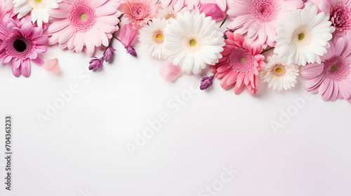 Frame of pink flowers on pastel background with copy space, generative ai