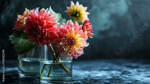 Bouquet of dahlias in a vase on a dark background Generative AI