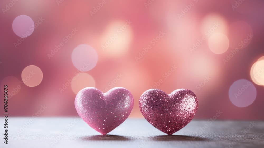 Valentines day bokeh background banner, red and pink hearts with gifts box background