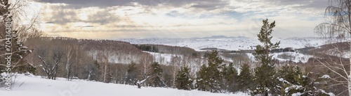 panoramic view of the mountain valley in winter, Kazakhstan, Ust-Kamenogorsk region