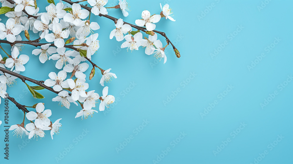 Pretty spring cherry blossom branches on blue background. Simple flower background - obrazy, fototapety, plakaty 