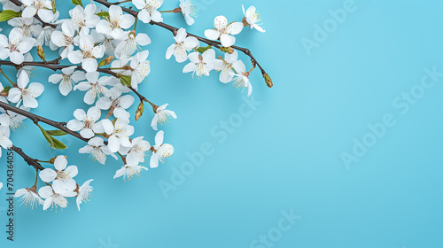 Pretty spring cherry blossom branches on blue background. Simple flower background photo