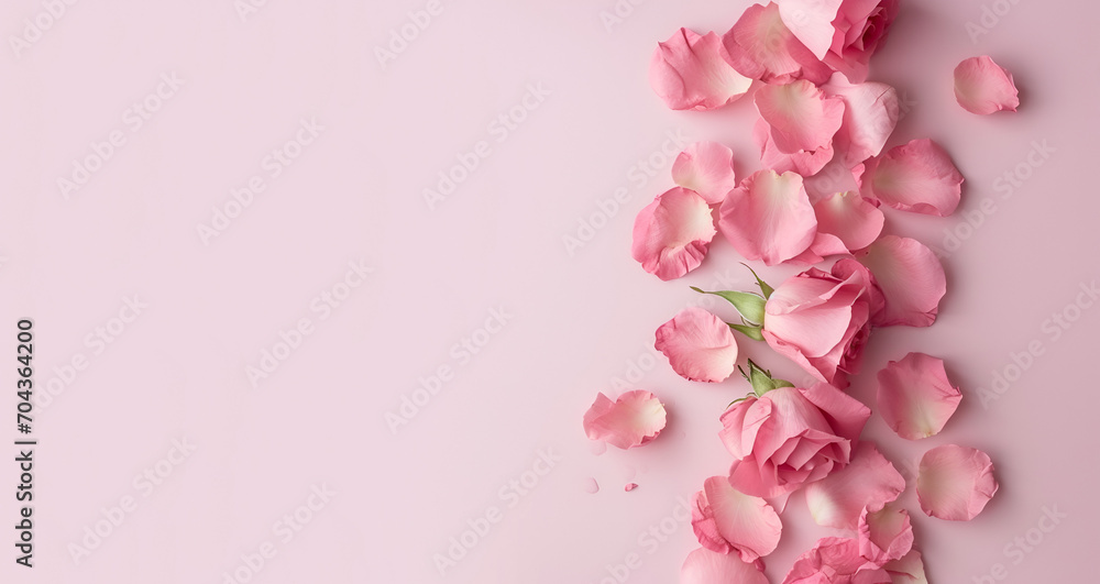Pink flowers petals on pink background with copy space, generative ai