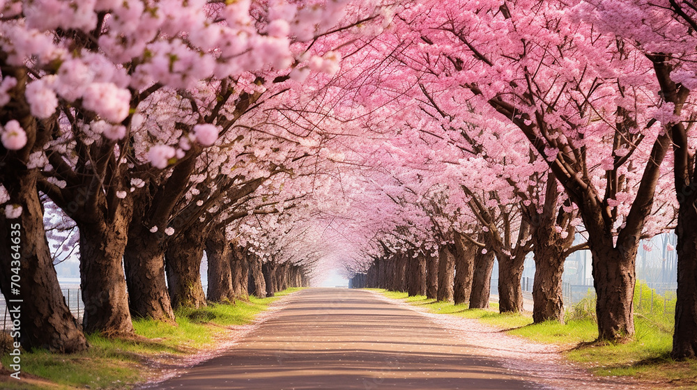 Road with blooming trees in spring season illustration background