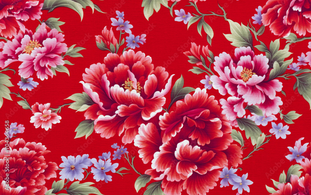 Floral fabric. Red Chinese flower pattern. Floral fabric. Red Chinese flower pattern.