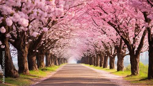 Road with blooming trees in spring season illustration background