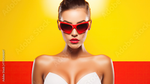 The Glamourous Portrait of a Stylish Woman Captivating the Viewer With her Vibrant Red Sunglasses and Ethereal White Top