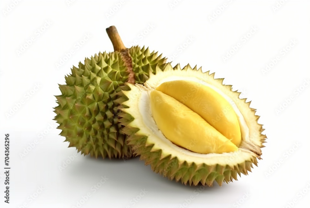 Fototapeta premium durian fruit cut in half and leaves isolated on white background. generative ai