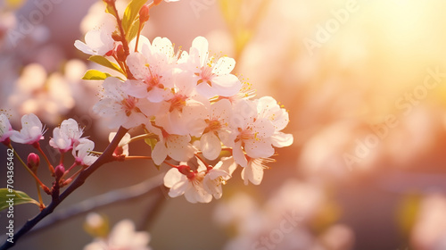 Spring blossom background. Nature scene with blooming flower and sunbeam illustration background