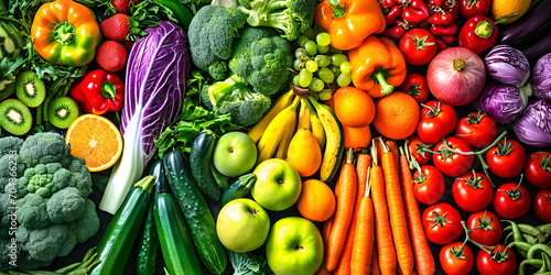 a large assortment of fruits and vegetables are arranged in a circle on a table top  including broccoli  cauliflower  peppers  cauliflower  corn  carrots  and more. generative ai