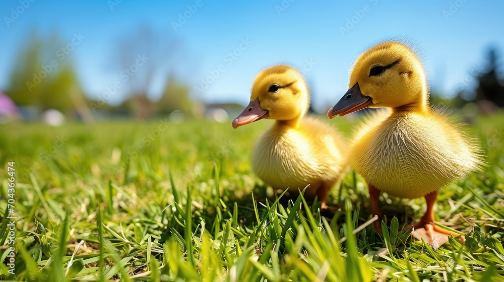 Two cute little ducklings on green grass in a meadow under a clear sky. Eco farm, agriculture concept.