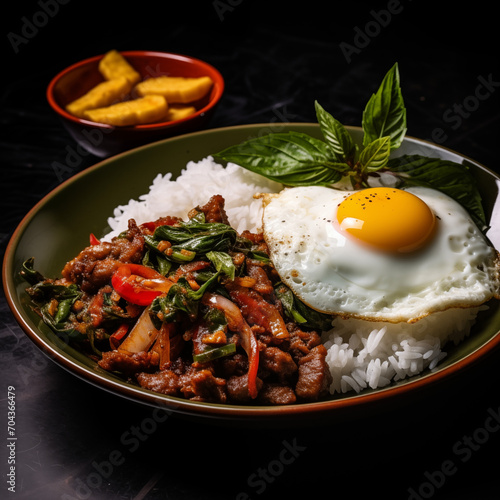 Savory Symphony: Stir-fried pork dances with aromatic basil, creating a tantalizing melody of Thai flavors. A golden-fried egg crowns this culinary masterpiece, its runny yolk adding a luscious touch.