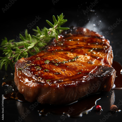 Grilled to Perfection: A succulent steak, seared to a golden brown on the outside, concealing a tender and juicy interior. The aromatic sizzle captivates, and each slice reveals the mastery of cooking