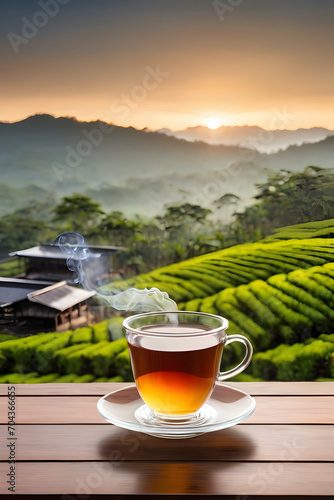 Wallpaper Mural A hot and smoke tea with glass cup on wooden and peaceful view point in morning scene with isolated in a light color background Torontodigital.ca