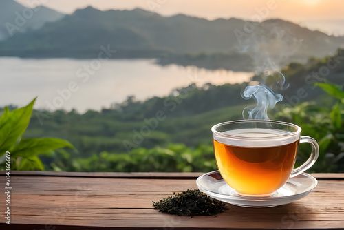 A hot and smoke tea with glass cup on wooden and peaceful view point in morning scene with isolated in a light color background