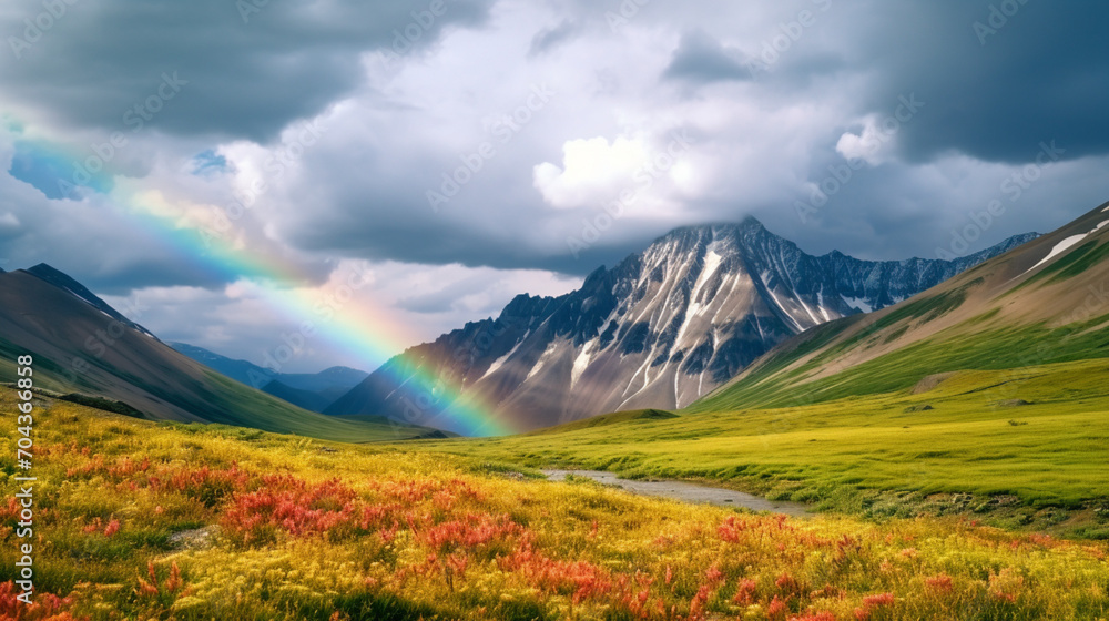 Rainbow  in  the  mountain valley of  landscape 